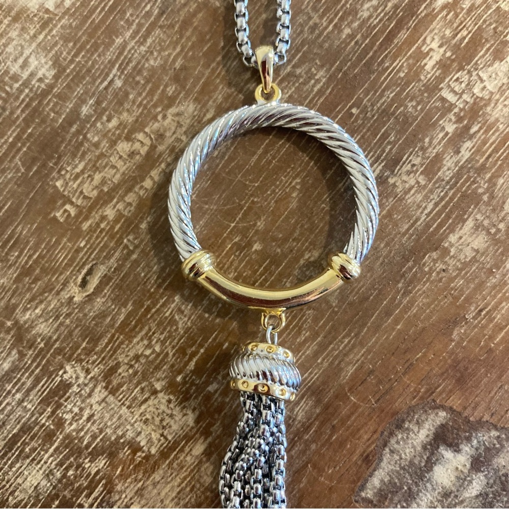 Long Silver and Gold Tone Tassel Pendant Necklace - Picture 6 of 15